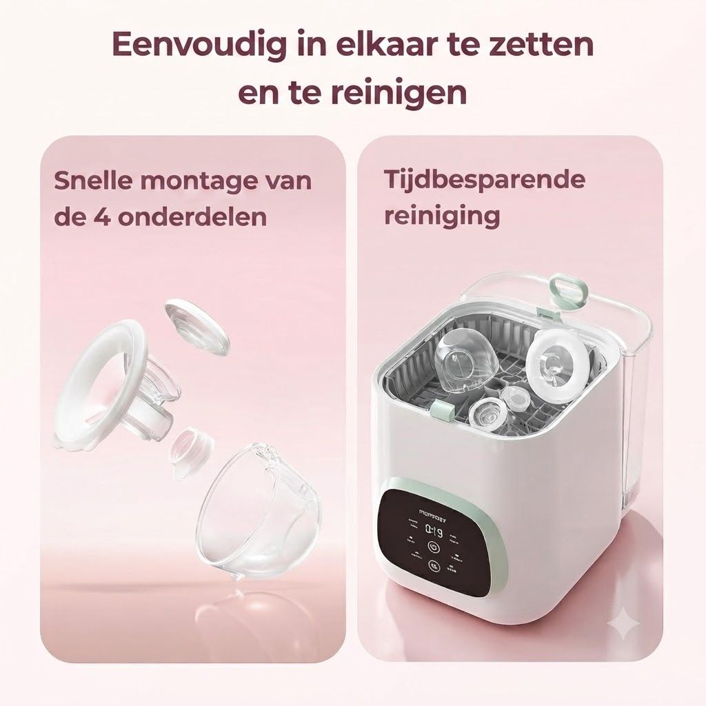 Witte en mintgroene babyflessensterilisator met digitaal display. Daarnaast een gedemonteerde babyfles.