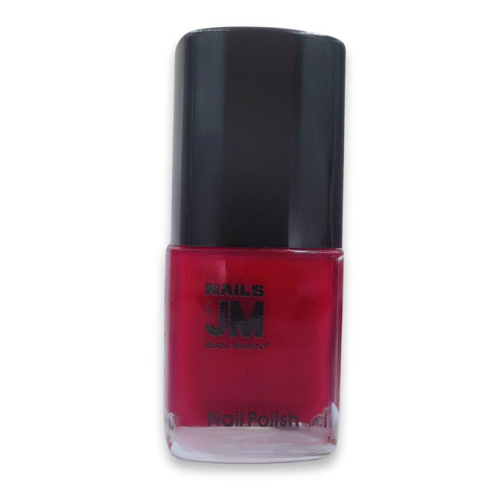 Flacon de vernis à ongles rouge avec bouchon noir. Inscription "NAILS JM JEAN MARIN" et "Nail Polish".