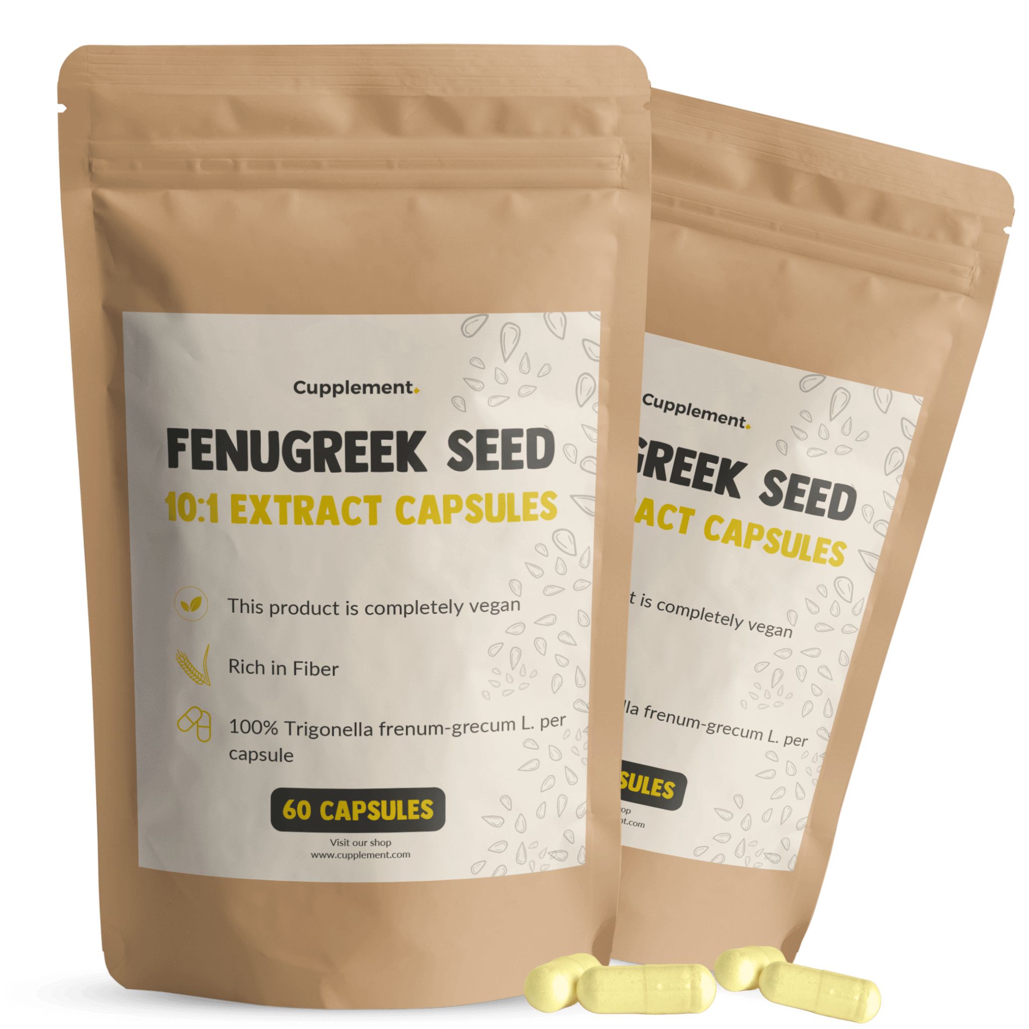 Twee zakjes met capsules. Opschrift: Fenugreek Seed 10:1 Extract Capsules. 60 capsules. Vegan. Gele capsules ernaast.