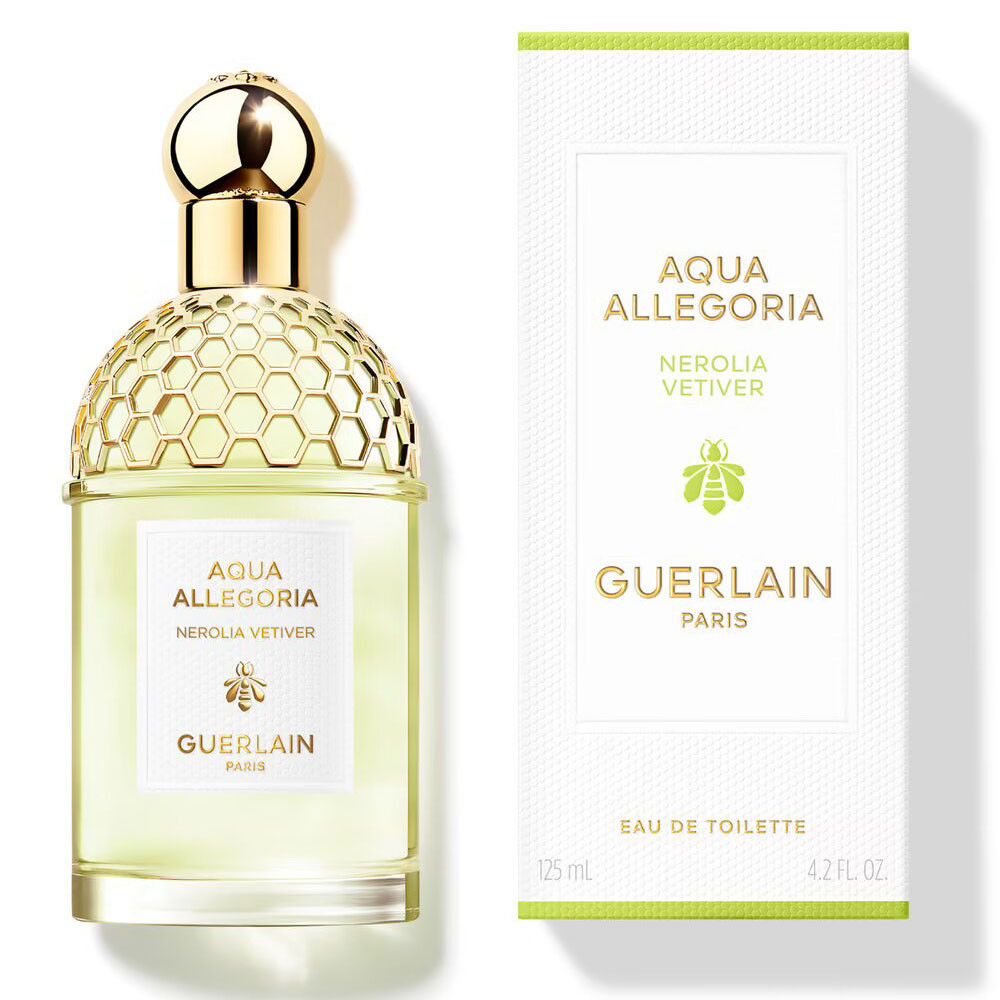 Glazen fles en verpakking. Fles met gouden dop. Opschrift: Aqua Allegoria, Nerolia Vetiver, Guerlain. Logo: Bij.