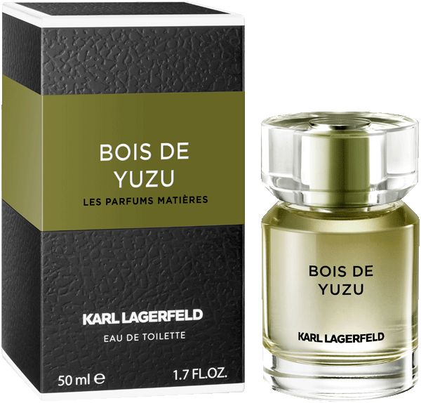 Flacon Karl Lagerfeld Bois de Yuzu. Flacon transparent avec bouchon transparent. Inscription Bois de Yuzu et Karl Lagerfeld.