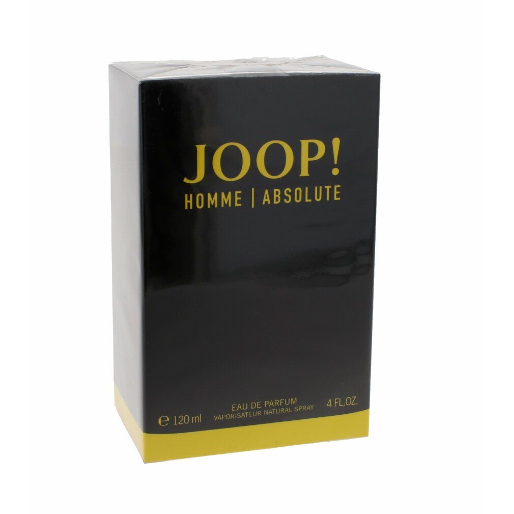 Boîte noire avec inscription jaune JOOP! HOMME | ABSOLUTE. Accents jaunes. Texte: Eau de Parfum, 4 FL.OZ.