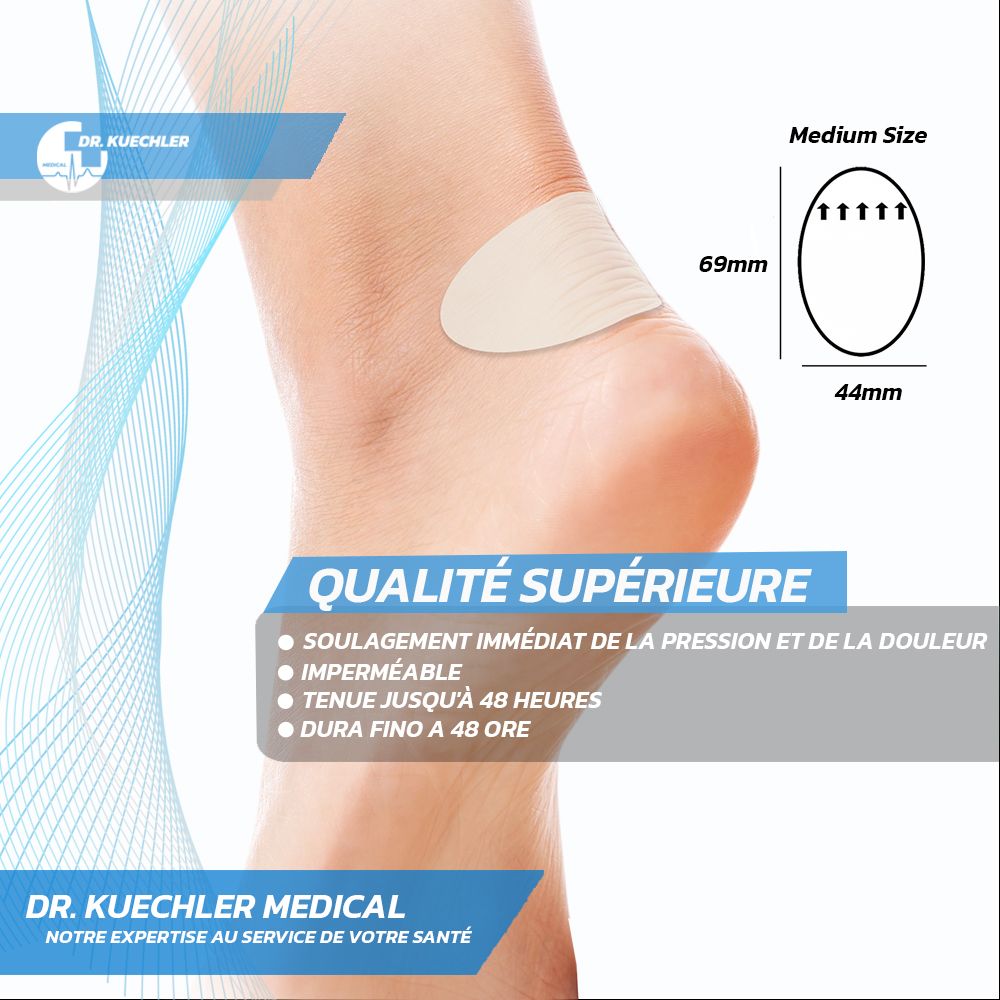 Pansement hydrocolloïde pour ampoules, 69x44mm, appliqué sur un pied. Montre la technologie hydrocolloïde.