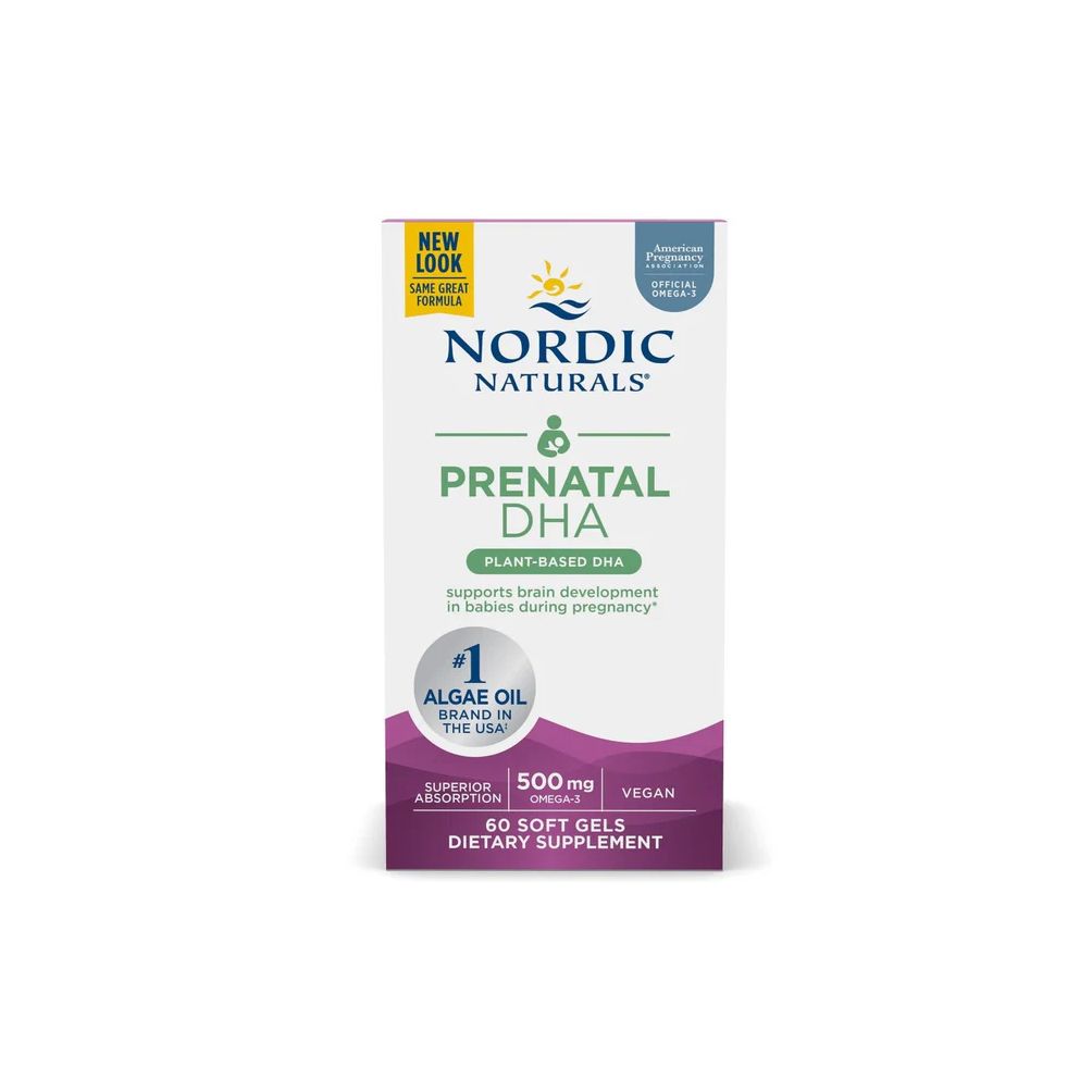 NORDIC NATURALS Prenatal DHA Vegan: Doos van 60 softgels, 500 mg DHA, vegan.