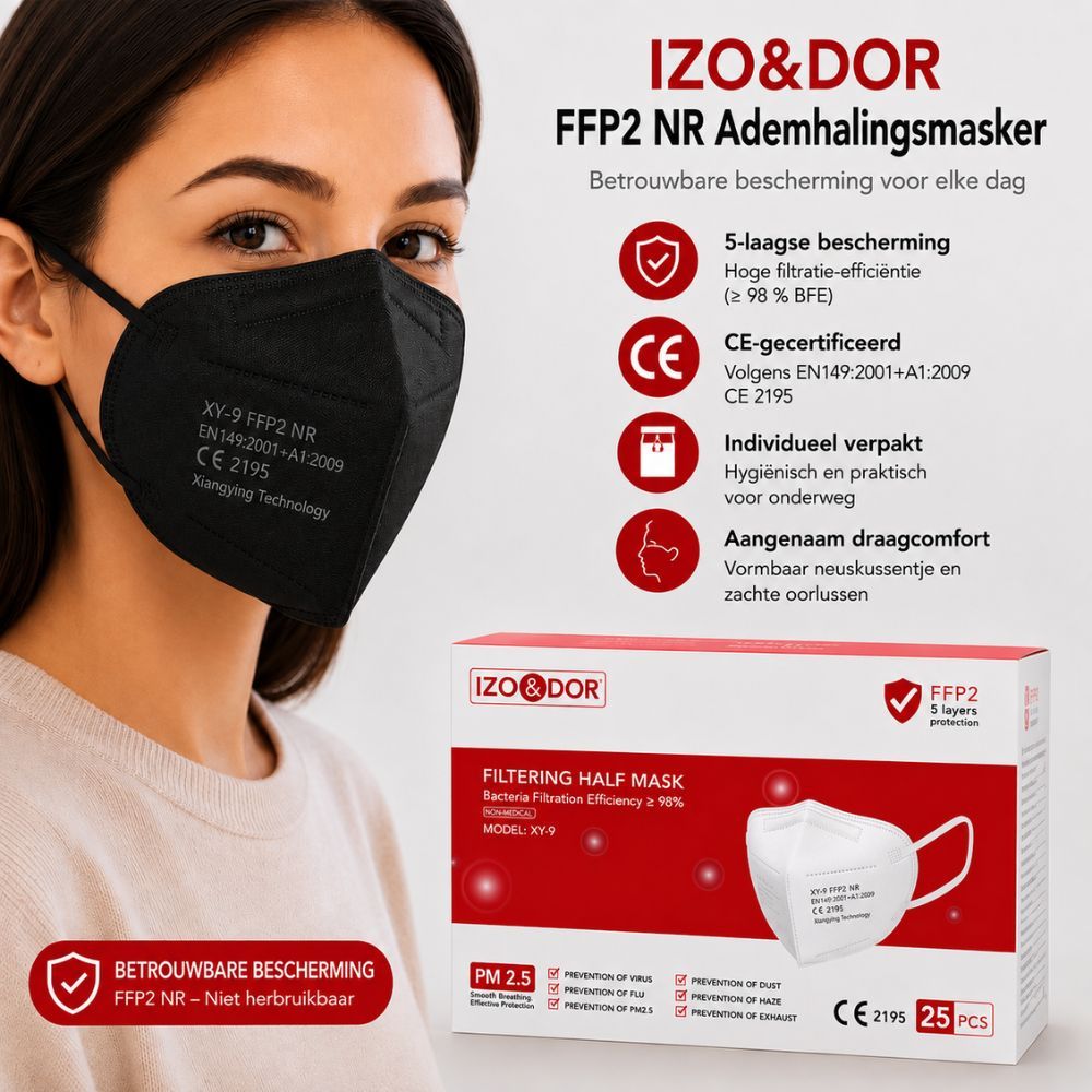Man draagt zwart FFP2 masker. Verpakking toont 5-laagse bescherming, CE-certificering.