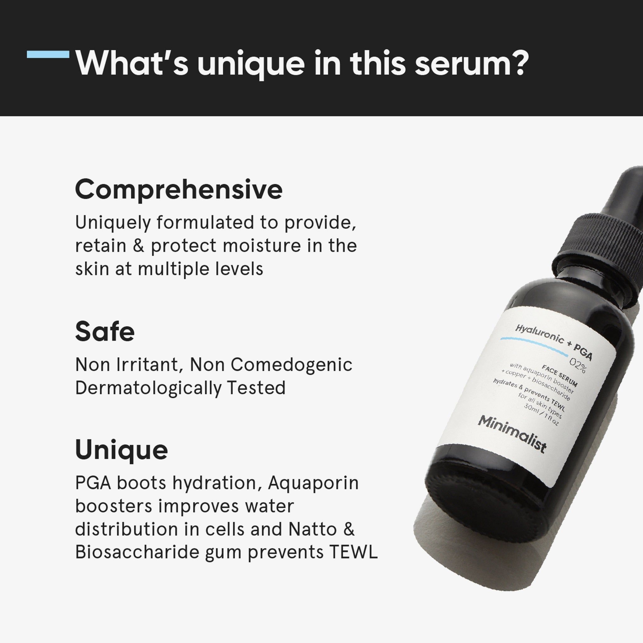 Infographie textuelle : « Qu’est-ce qui est unique dans ce sérum ? » Descriptions : complet, sûr, unique. Flacon de produit en arrière-plan.