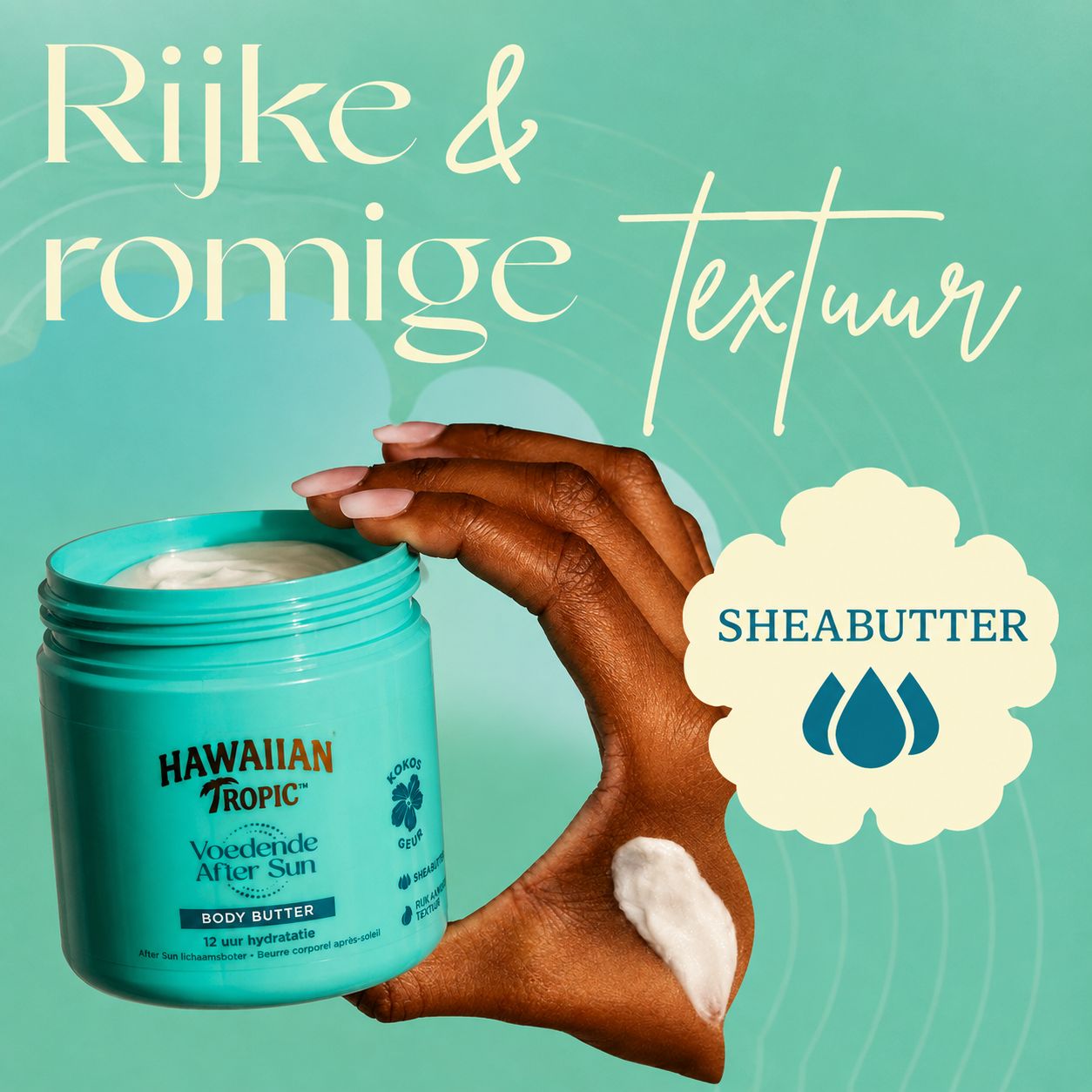 Turquoise pot Hawaiian Tropic Body Butter, 'Voedende After Sun' opdruk. Hand met Sheabutter crème.