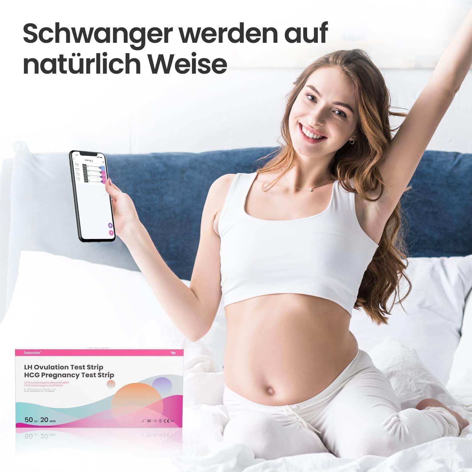 Vrouw met smartphone en verpakking teststrips. Opschrift: LH Ovulation Test Strip, HCG Pregnancy Test Strip. 50 LH, 20 HCG.