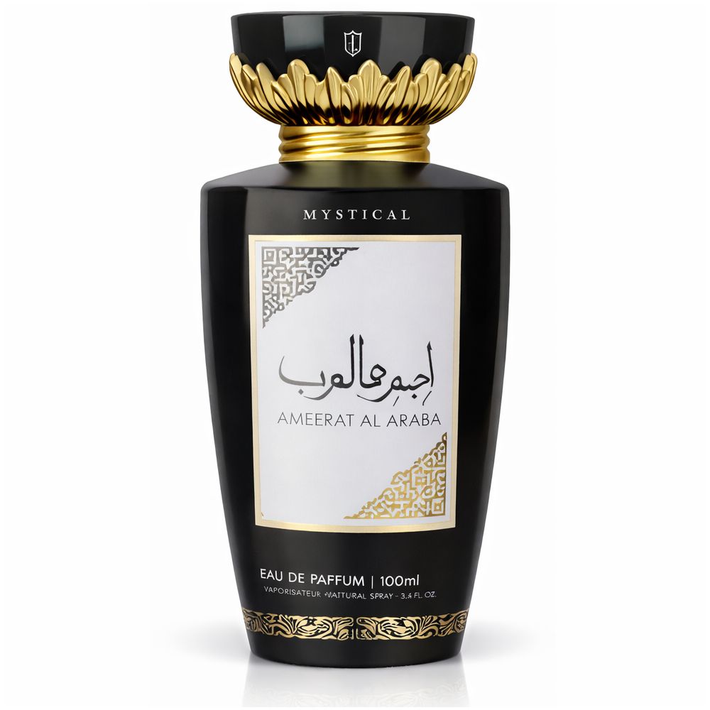 Zwarte fles met gouden details. Opschrift: Mystical, Ameerat al Araba. Eau de Parfum.