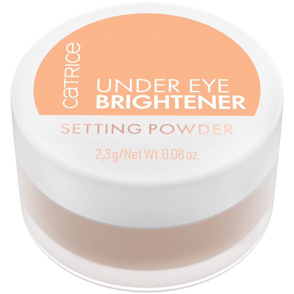 Boîte ronde avec couvercle blanc et impression rose. Inscription : Catrice, Under Eye Brightener, Setting Powder.