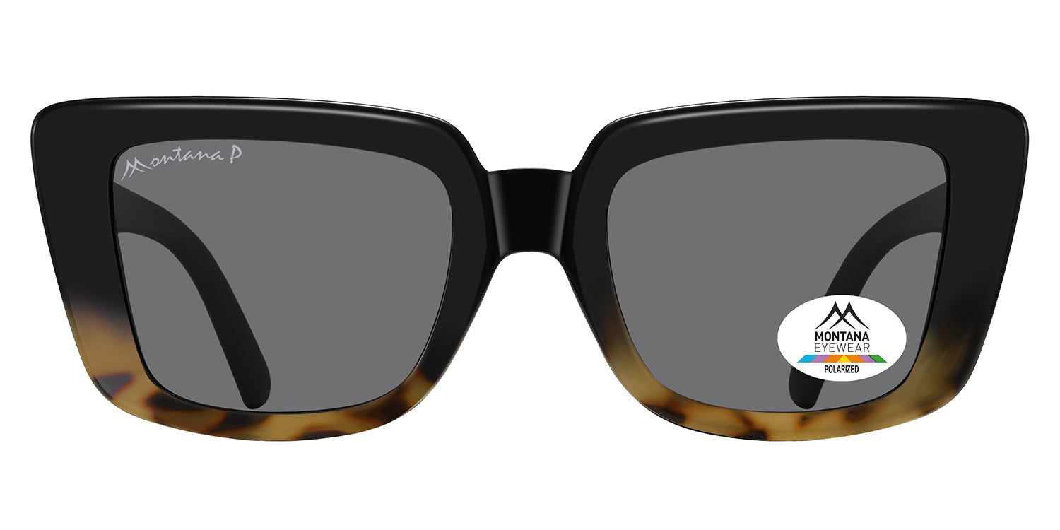 Lunettes de soleil noires et marron. Verres gris. Logo et indication de polarisation sur le verre. Montana Eyewear.