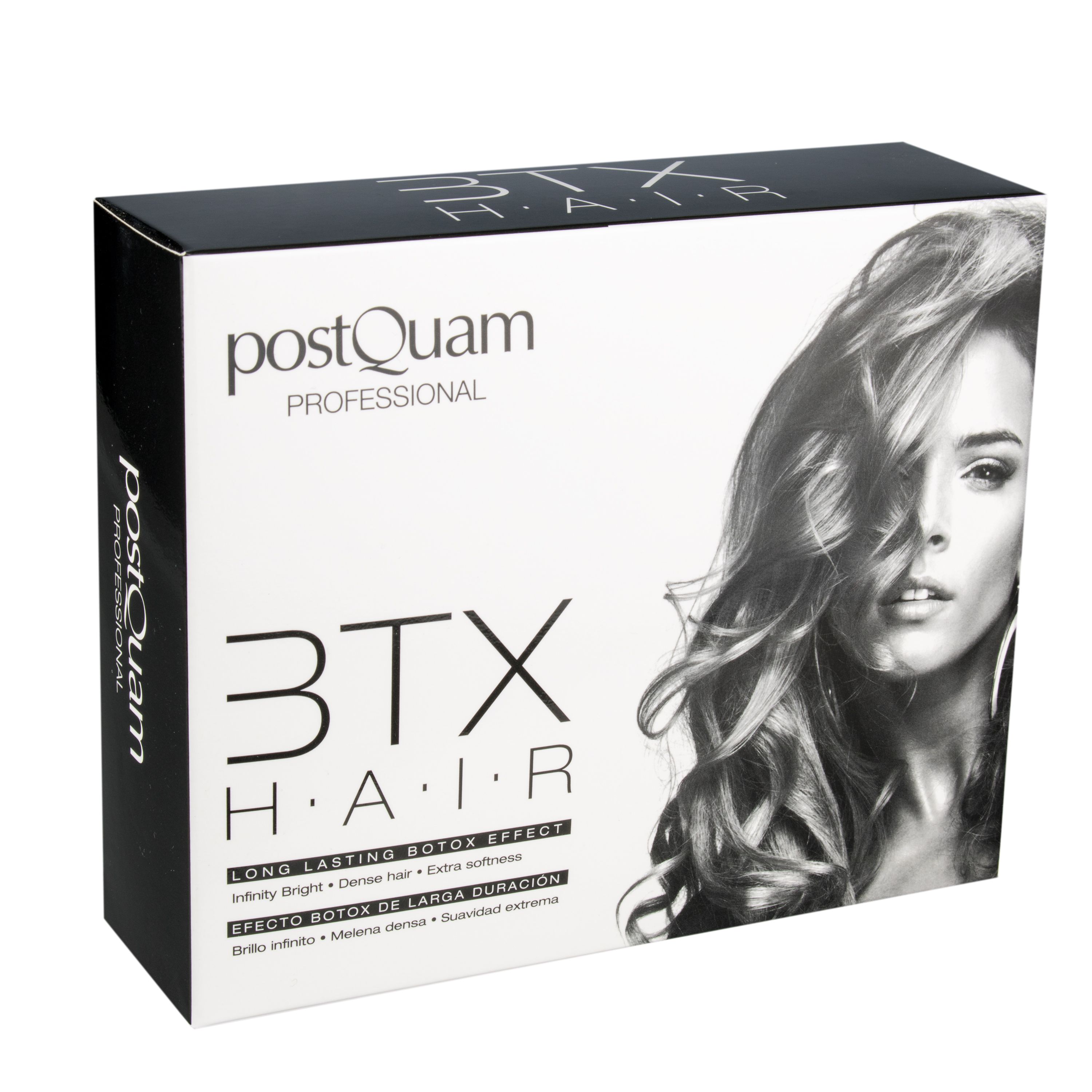 Emballage de produit avec inscription : PostQuam, 3TX HAIR. Image d'une femme aux cheveux ondulés.
