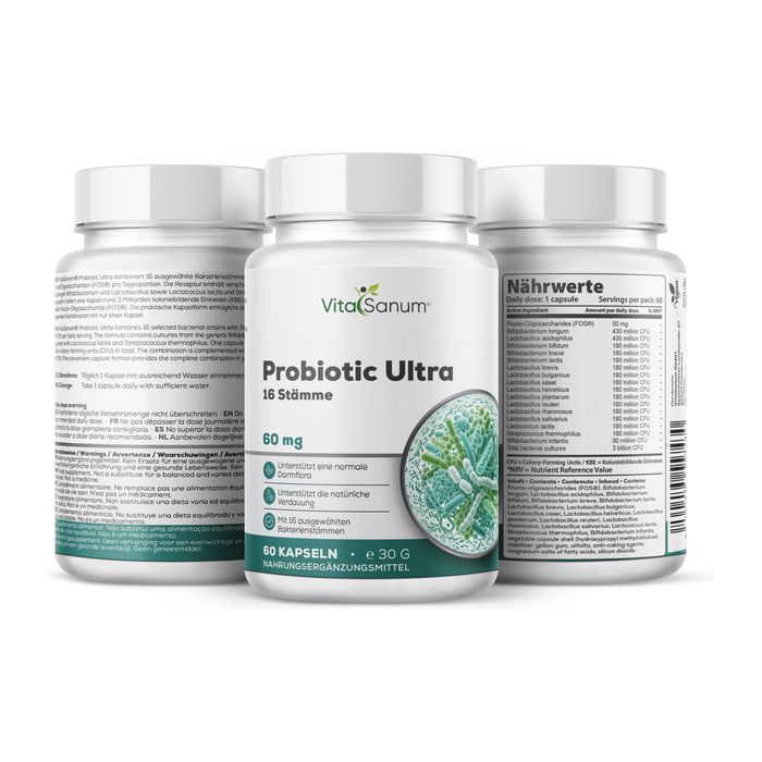 VitaSanum Probiotic Ultra Capsules: Drie containers met gedetailleerde voedingsinformatie en productgegevens.