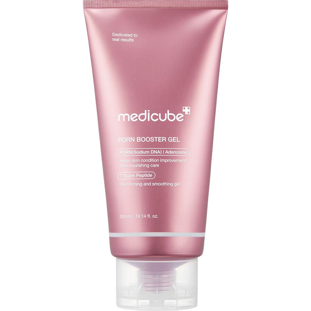 Tube rose de Medicube PDRN Booster Gel, 300 ml. Bouchon transparent.