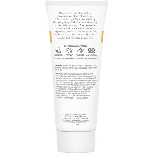 Achterkant van de crèmetube. Tekst: ingrediënten, gebruiksaanwijzing, Burt's Bees-logo. Bevat kamille, zeepbast, aloë. Gemaakt in de VS.