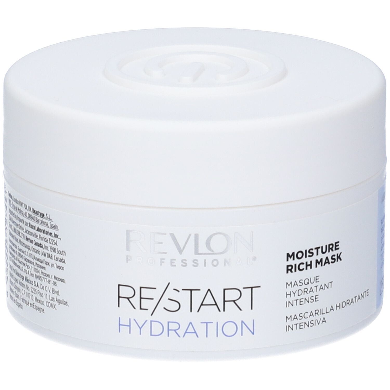 Witte pot met deksel. Opschrift: RE/START HYDRATION, MOISTURE RICH MASK. Blauwe accenten.