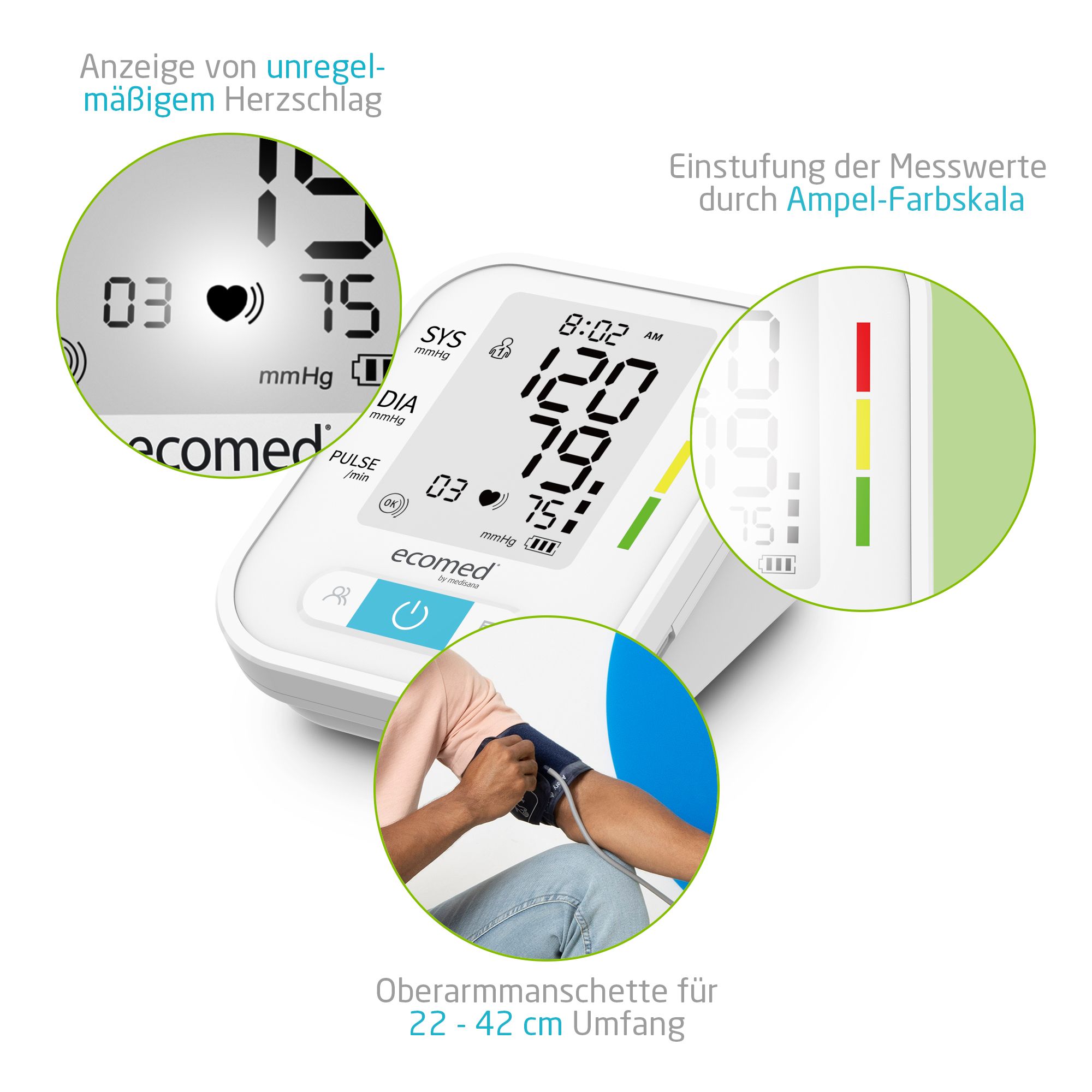 ecomed bloeddrukmeter: display, stoplichtschaal, hartslag-icoon, manchet 22-42 cm.