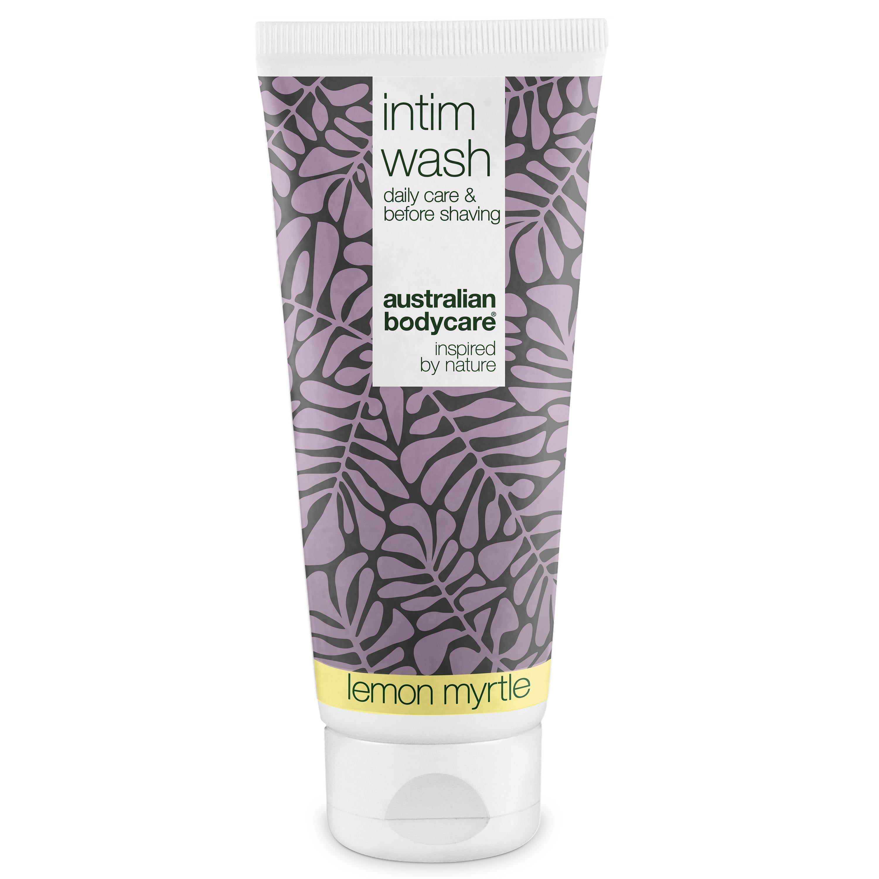 Tube de savon intime Lemon Myrtle. Bouchon blanc, motif violet. Texte: Intim Wash, Australian Bodycare.