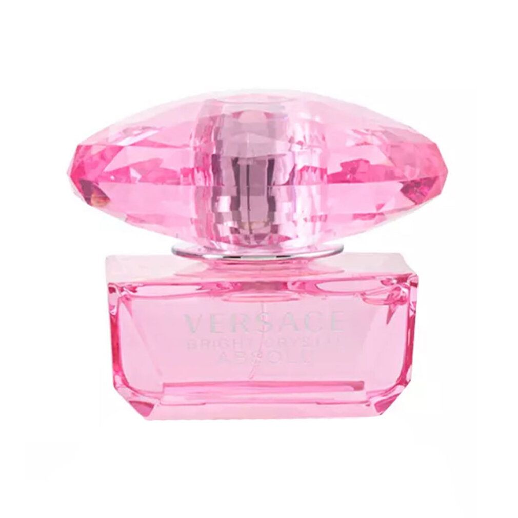Flacon de parfum rose avec bouchon en cristal. Inscription : Versace Bright Crystal Absolu. Forme carrée.