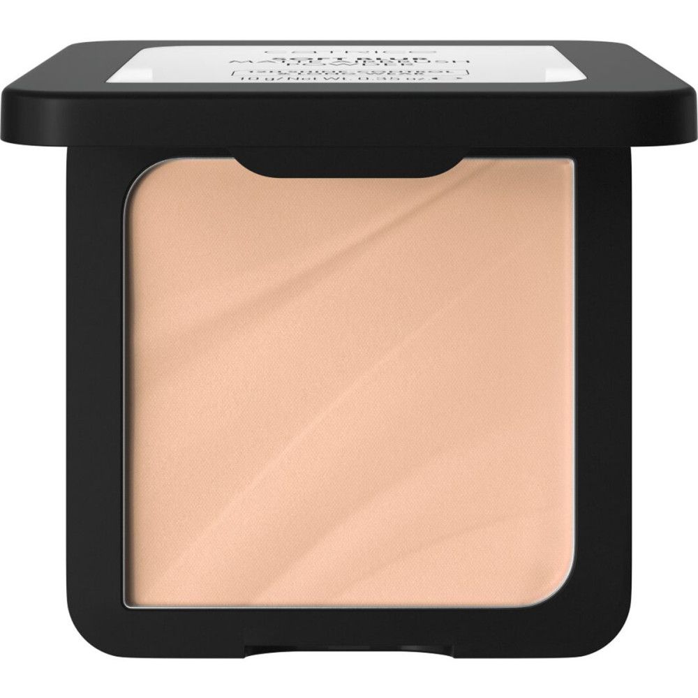 Poudre compacte dans un boîtier noir avec couvercle. La poudre est beige clair et a une surface lisse.