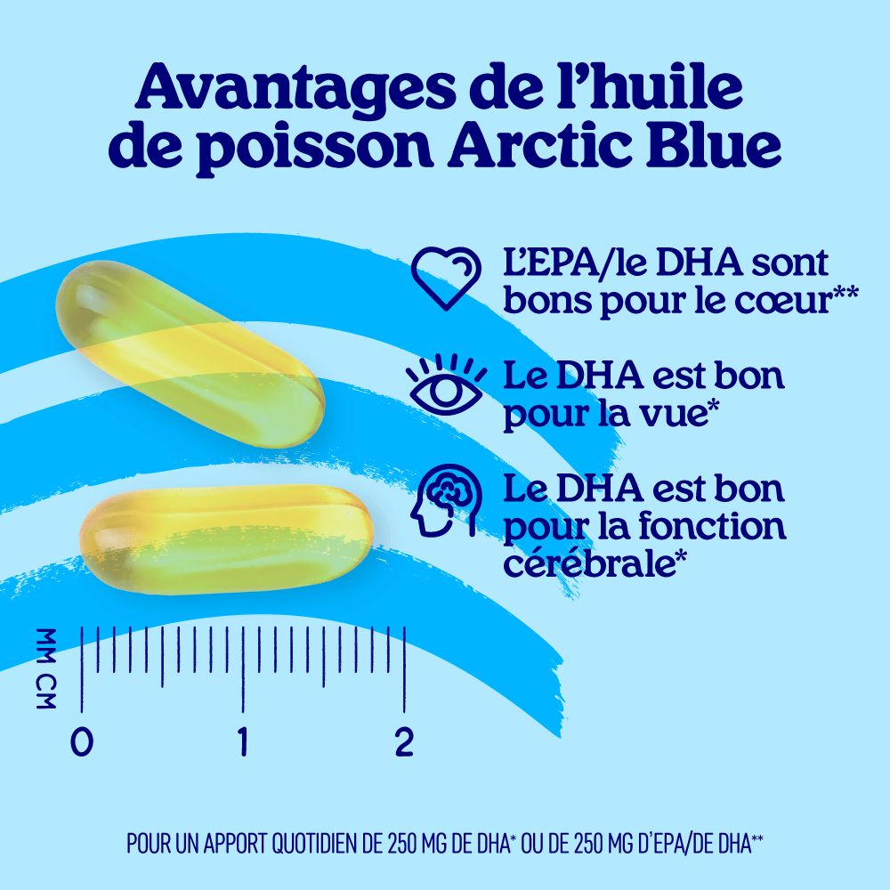 Emballage Arctic Blue Oméga 3 huile de poisson avec sceau MSC et paysage de montagne.