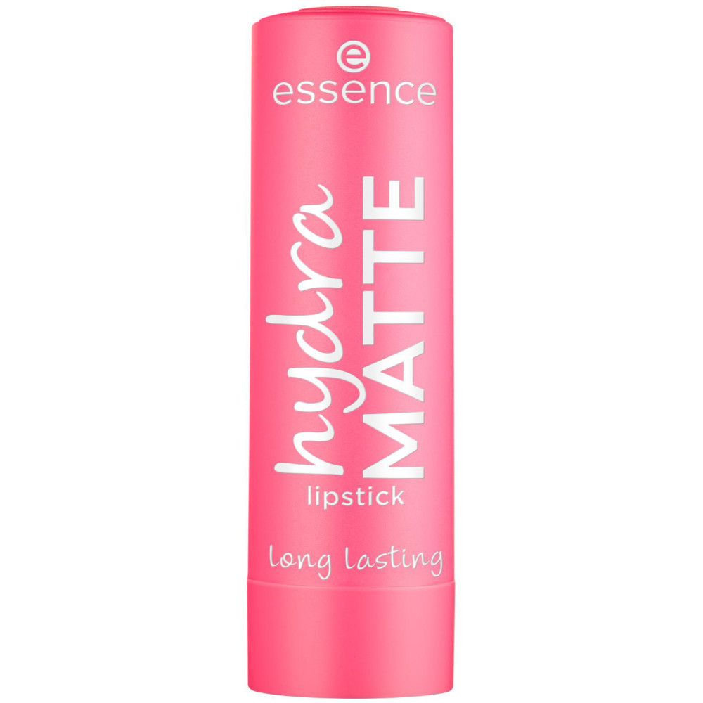 Roze lipstick huls met witte tekst "hydra MATTE" en "Essence". Onder "lipstick" en "Long Lasting".