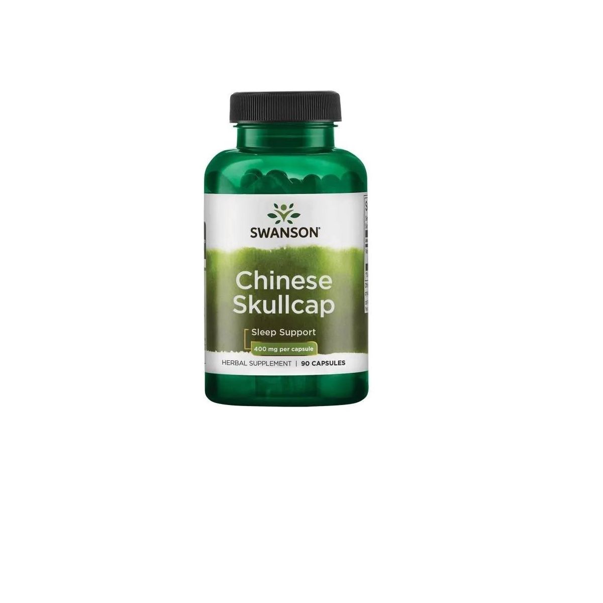 Flacon vert avec bouchon noir. Inscription: Swanson, Chinese Skullcap, Sleep Support. 90 capsules.