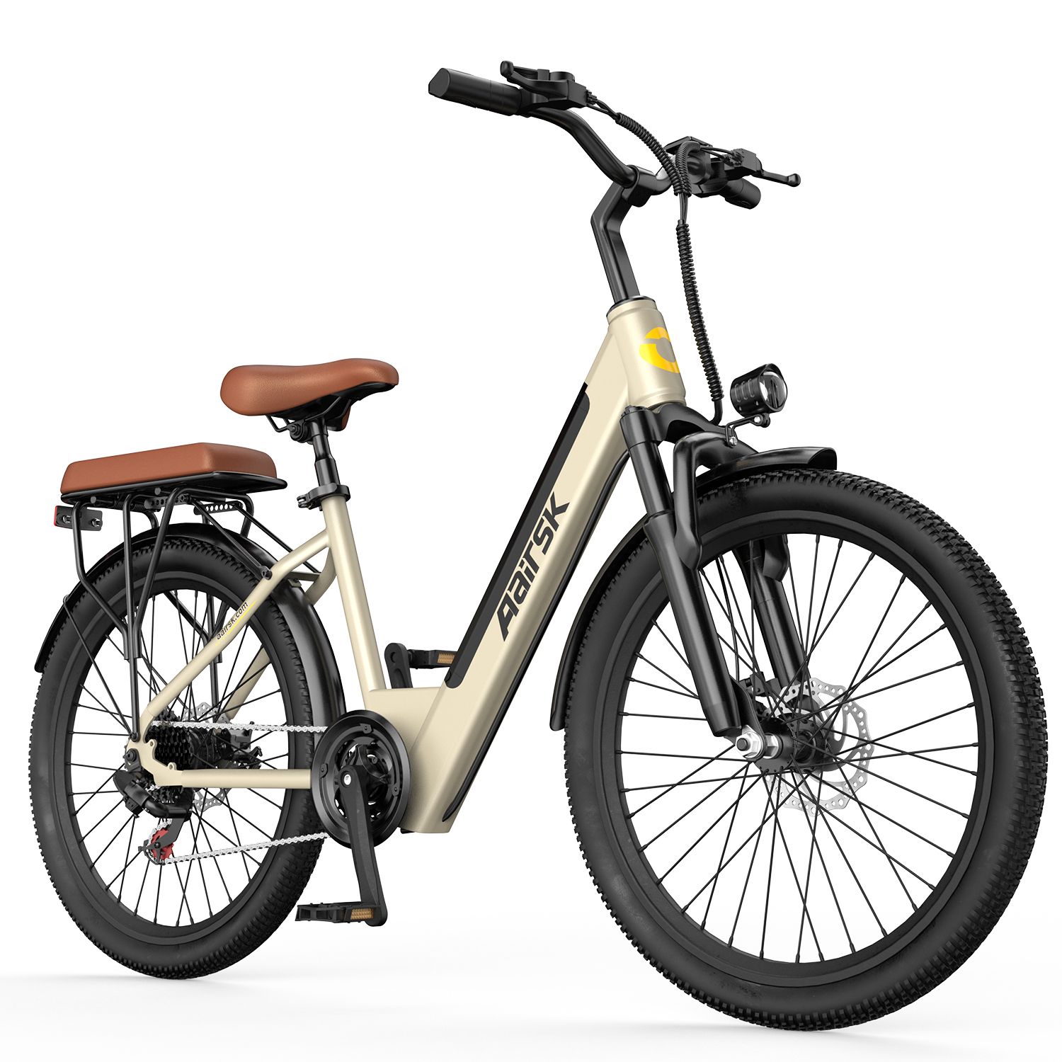 Vélo électrique beige avec pneus et détails noirs. Porte-bagages, selle marron. Marque Aairsk.