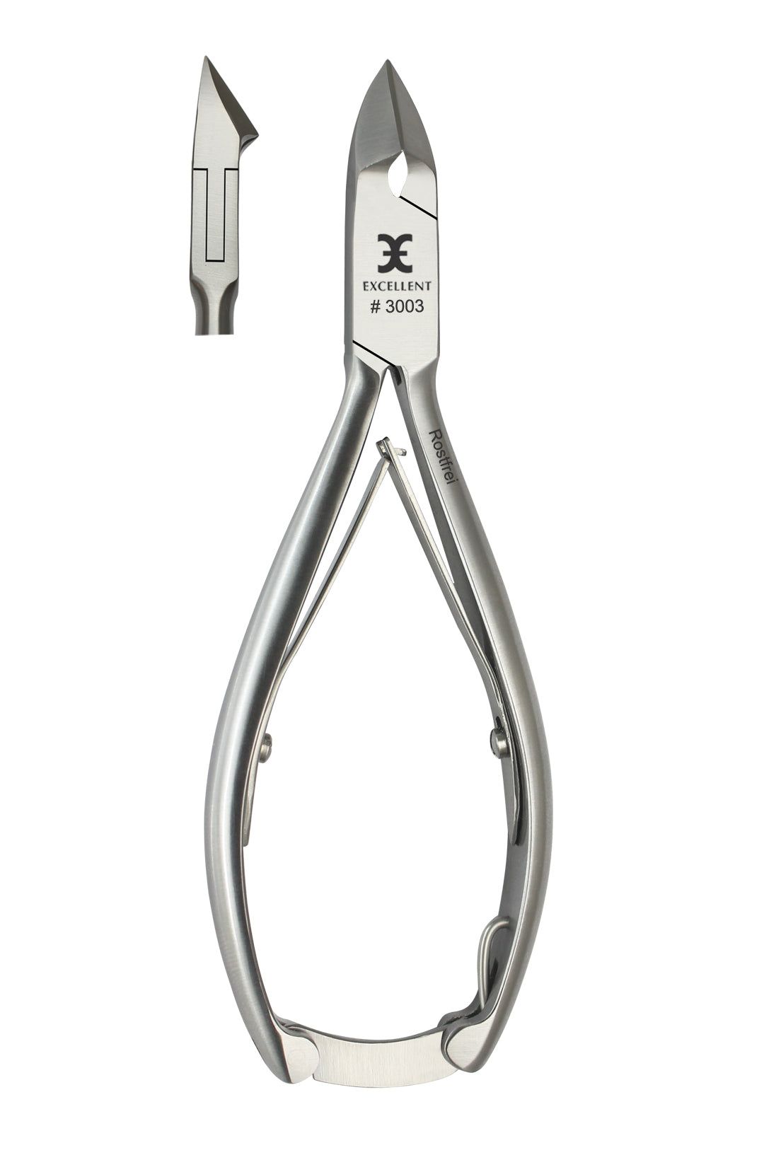 Nagelknipper met schuine snede. Roestvrij staal, zilverkleurig. Merk: Excellent. Model #3003. Extra close-up van de snede.