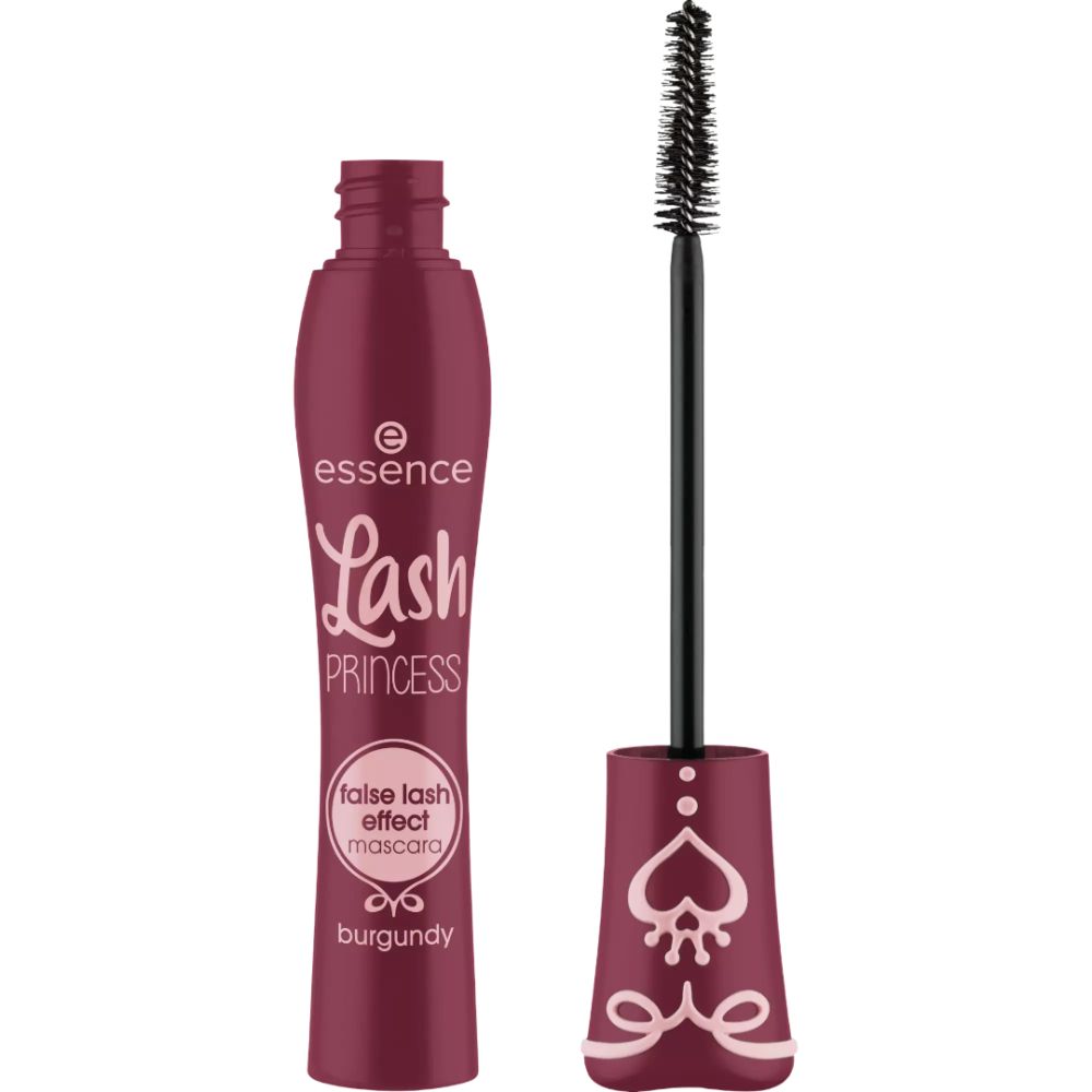 Mascara bordeaux avec brosse. Inscription: Essence Lash Princess, False Lash Effect Mascara.