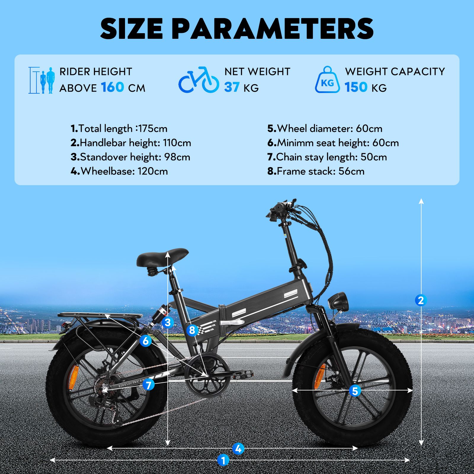 Vélo OOK-TEK E20 avec dimensions. Hauteur totale, hauteur du guidon, empattement, poids.