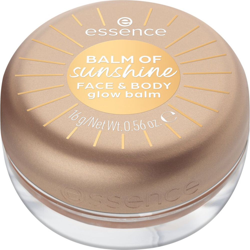Pot rond de baume brun. Couvercle avec texte 'Balm of Sunshine' et 'Face & Body Glow Balm'. Marque : Essence.