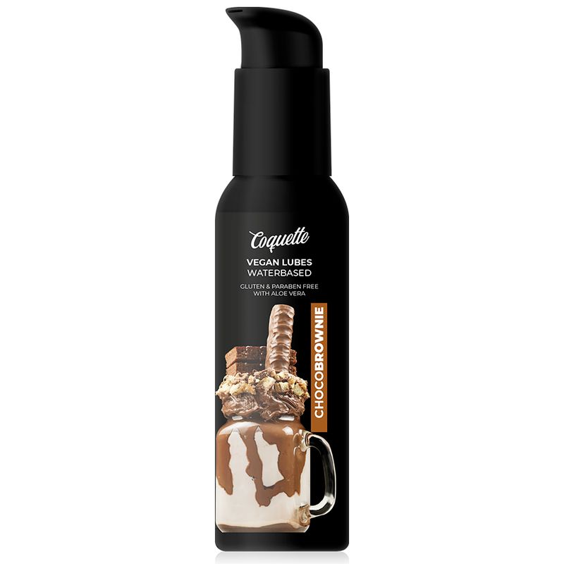 Zwarte fles met pomp. Opschrift: Coquette, Vegan Lubes Waterbased, ChocoBrownie. Afbeelding van een milkshake.