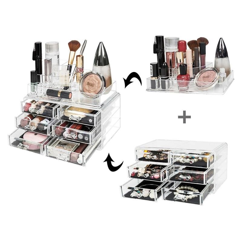 Organisateur de maquillage avec 6 tiroirs et 18 compartiments, partiellement rempli. Parties séparées. Fonds de tiroirs noirs.