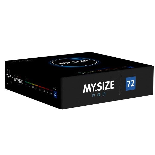 Boîte de préservatifs MY.SIZE PRO. Emballage bleu avec logo blanc et indications de taille. Taille 72mm mise en évidence.