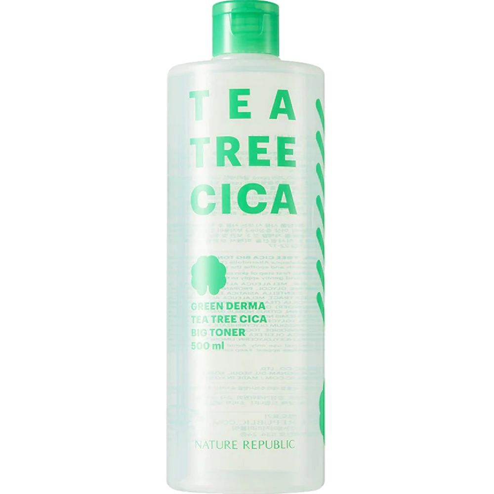 Flacon de toner transparent avec bouchon vert. Inscription : TEA TREE CICA, GREEN DERMA, BIG TONER. Marque : NATURE REPUBLIC.