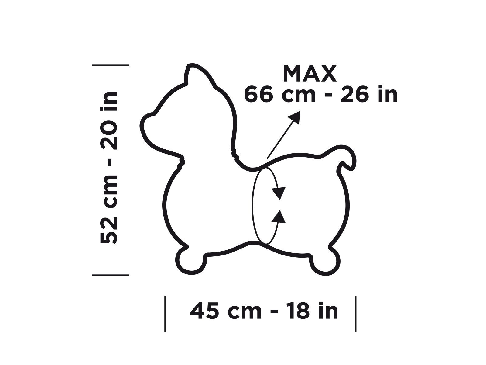 Omtrek tekening van een Gymnic KODY. Afmetingen: 52 cm hoog, 45 cm breed, max. 66 cm.