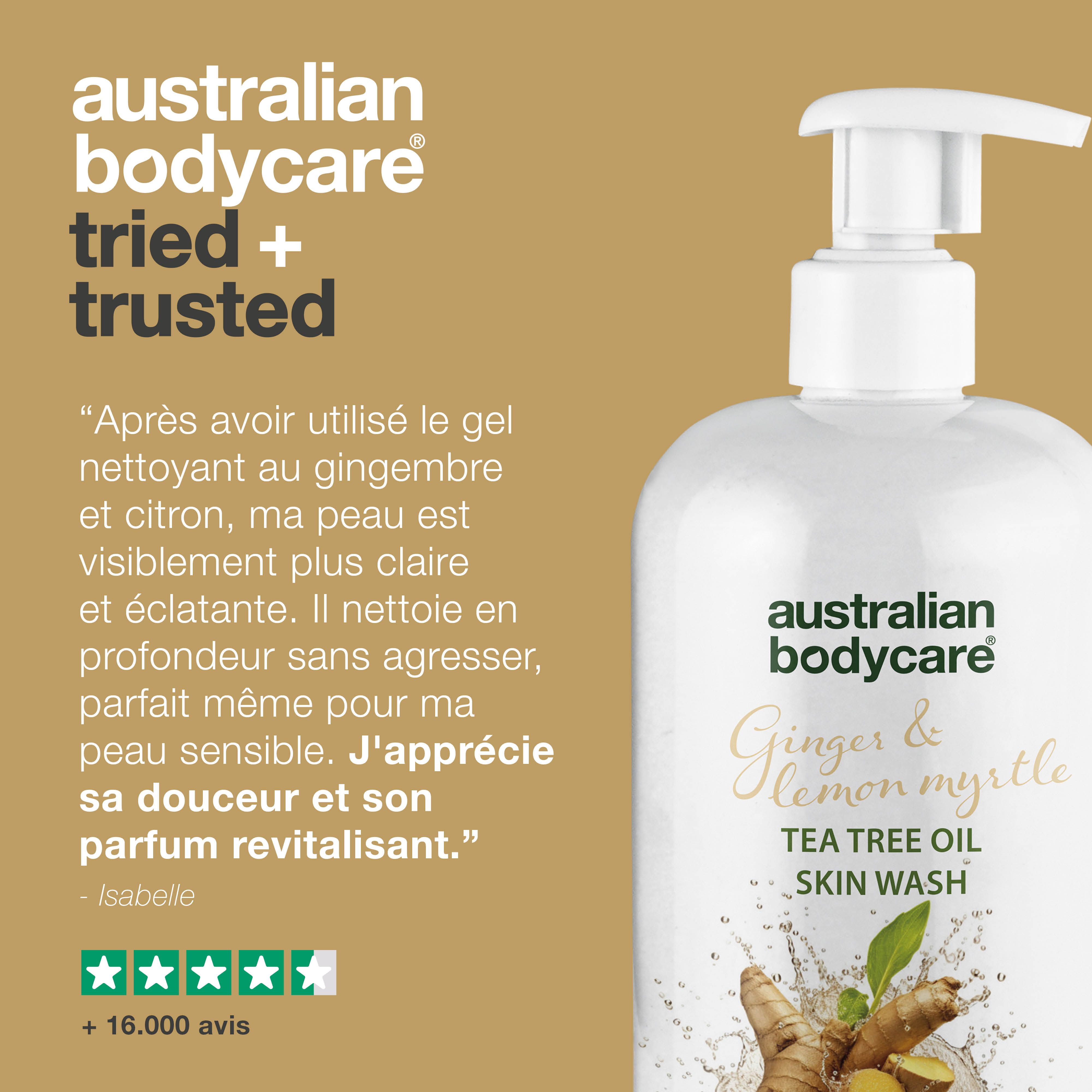 Flacon de produit. Texte : Essayé + approuvé. Inscription : Australian Bodycare, Ginger & Lemon Myrtle, Tea Tree Oil Skin Wash.