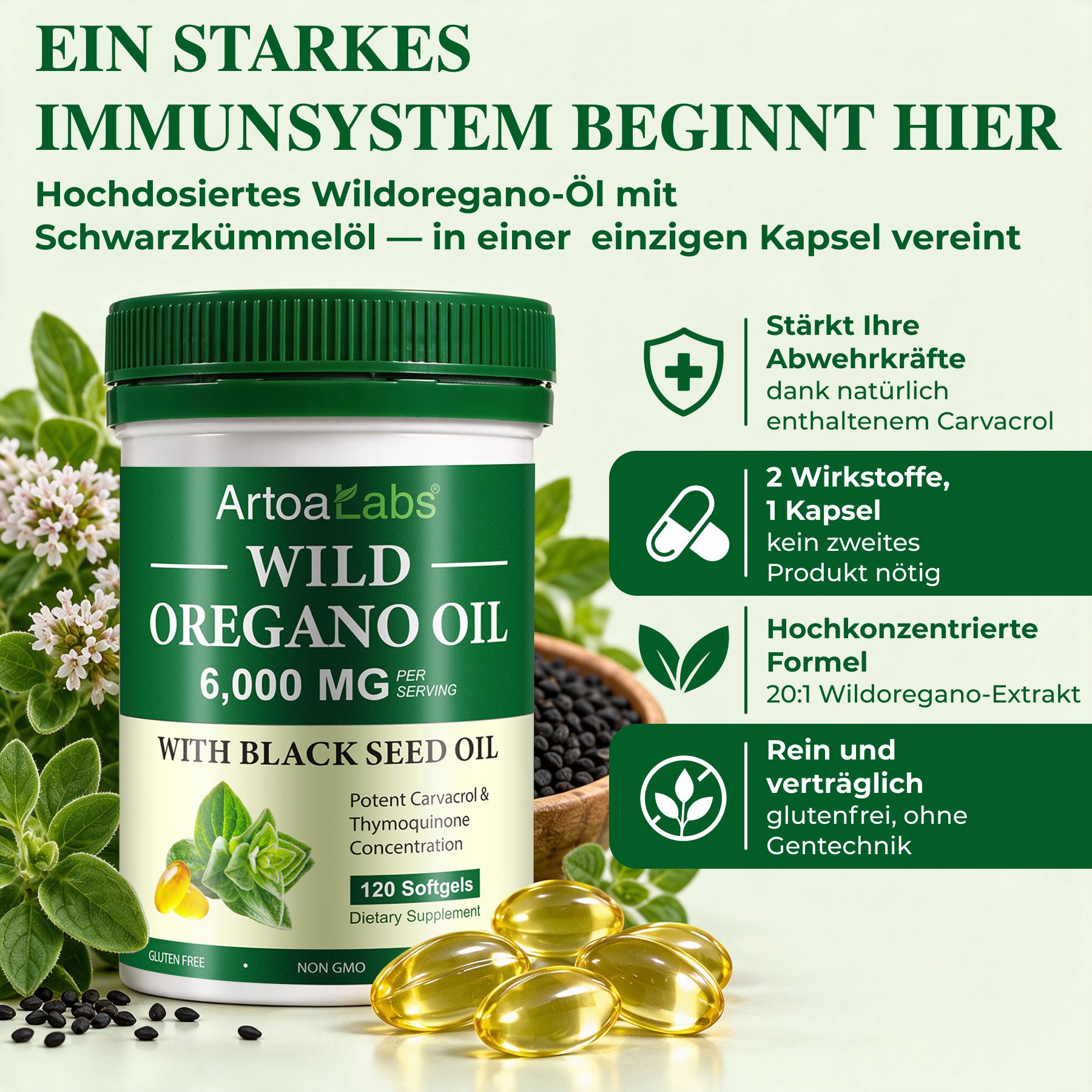 P-beauty Wilde Oregano-olie 6000 mg Zwarte Komijnolie Carvacrol Thymochinon