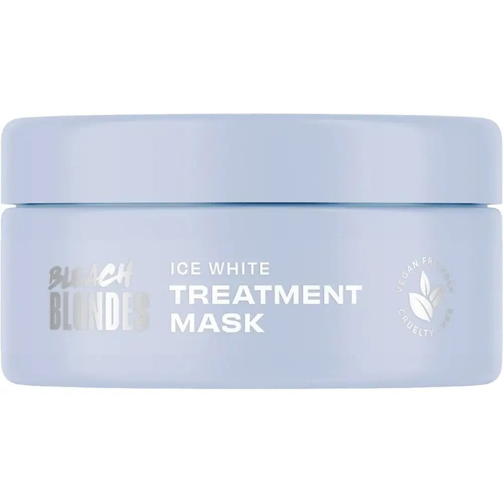 Boîte bleu clair avec inscription "Bleach Blondes Ice White Treatment Mask" et sceau Vegan & Cruelty Free.