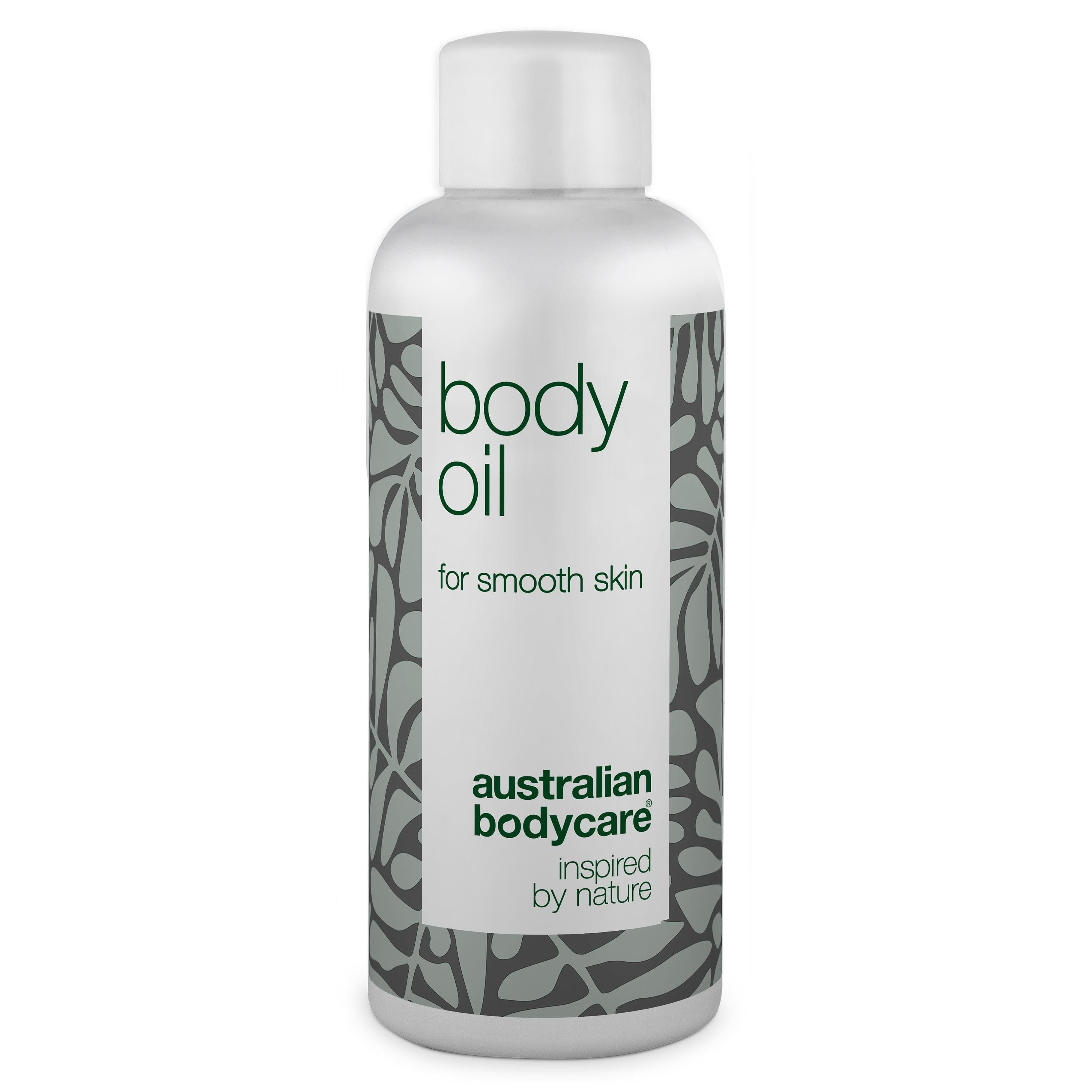 Flacon d'huile pour le corps avec bouchon blanc. Inscription : body oil, for smooth skin, australian bodycare.