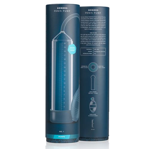 Deux emballages cylindriques avec image et texte du produit. Nom du produit: Boners Penis Pump. Couleur bleue.