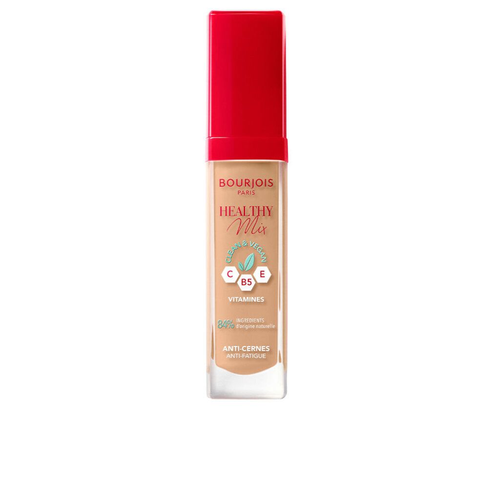 Correcteur Bourjois Healthy Mix, beige. Flacon avec bouchon rouge. Étiquette du produit.