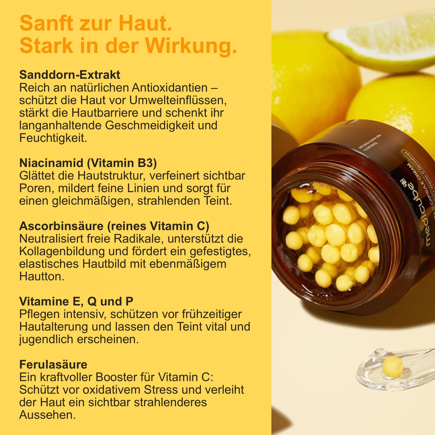 Crème en capsules Medicube Deep Vita C avec citron et texte.