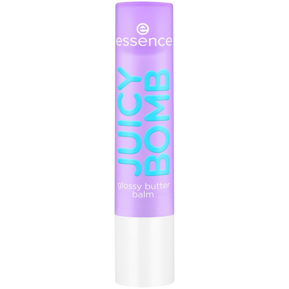 Stick de baume à lèvres, étui violet avec nom du produit et base blanche.