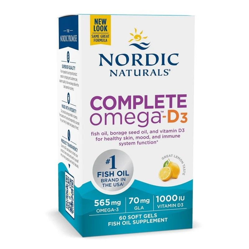 Nordic Naturals Complete Omega-D3 verpakking met 60 softgels, 565 mg Omega-3, 70 mg GLA, 1000 IE Vitamine D3.