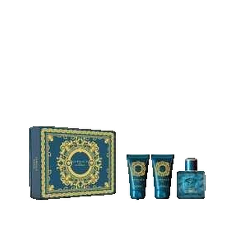 Coffret bleu avec deux tubes et un flacon. Ornements dorés. Texte: Versace.