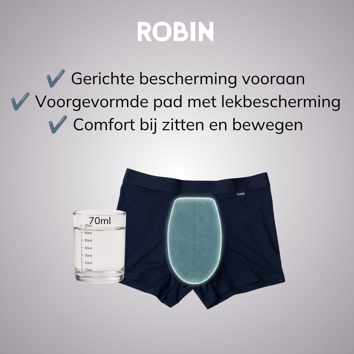 Herenboxer: gerichte bescherming vooraan, pad met lekbeveiliging, comfort bij zitten en bewegen.