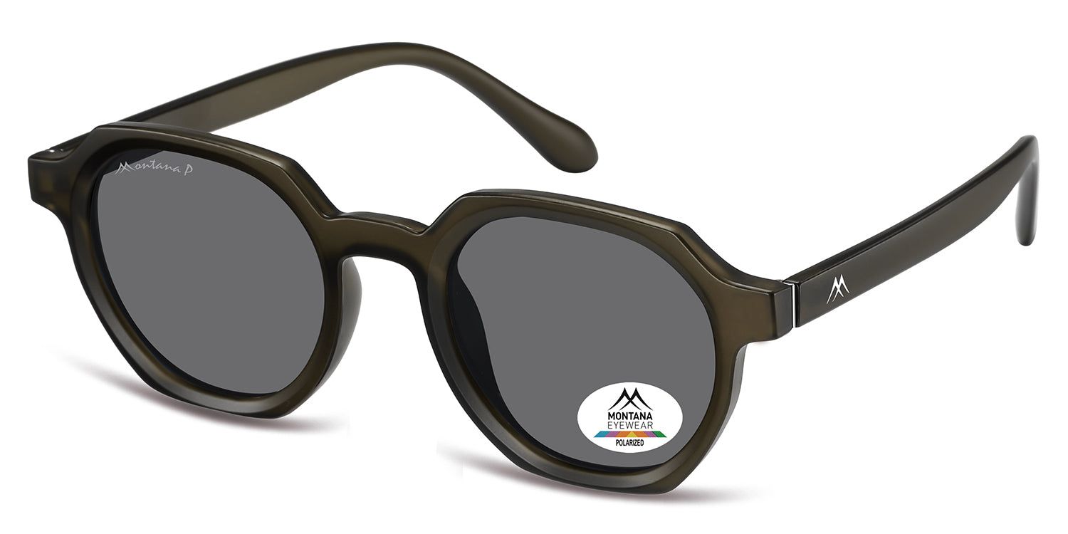 Lunettes de soleil avec verres gris et monture olive. Le logo Montana Eyewear est visible sur la branche et un verre.