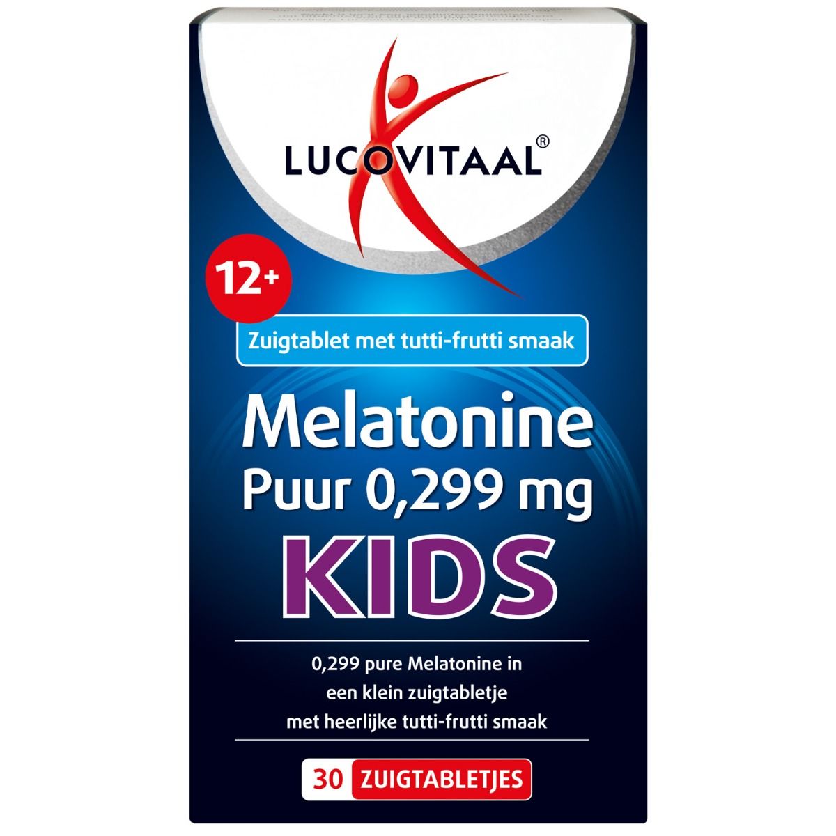 Verpakking van Lucovitaal Melatonine Enfants. Blauwe doos met productinformatie en logo.